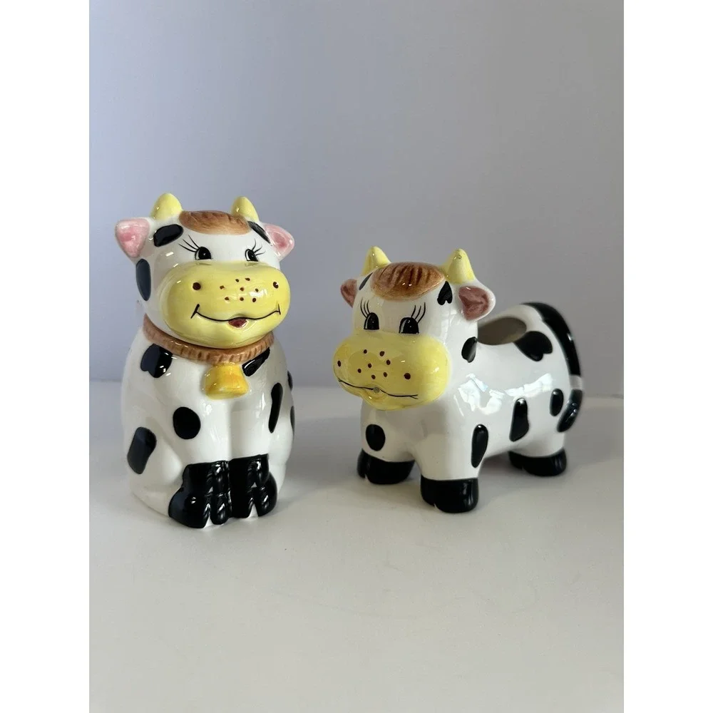 Vintage Ceramic Cow Creamer and Sugar Bowl Set Black White Spotted Farmhouse